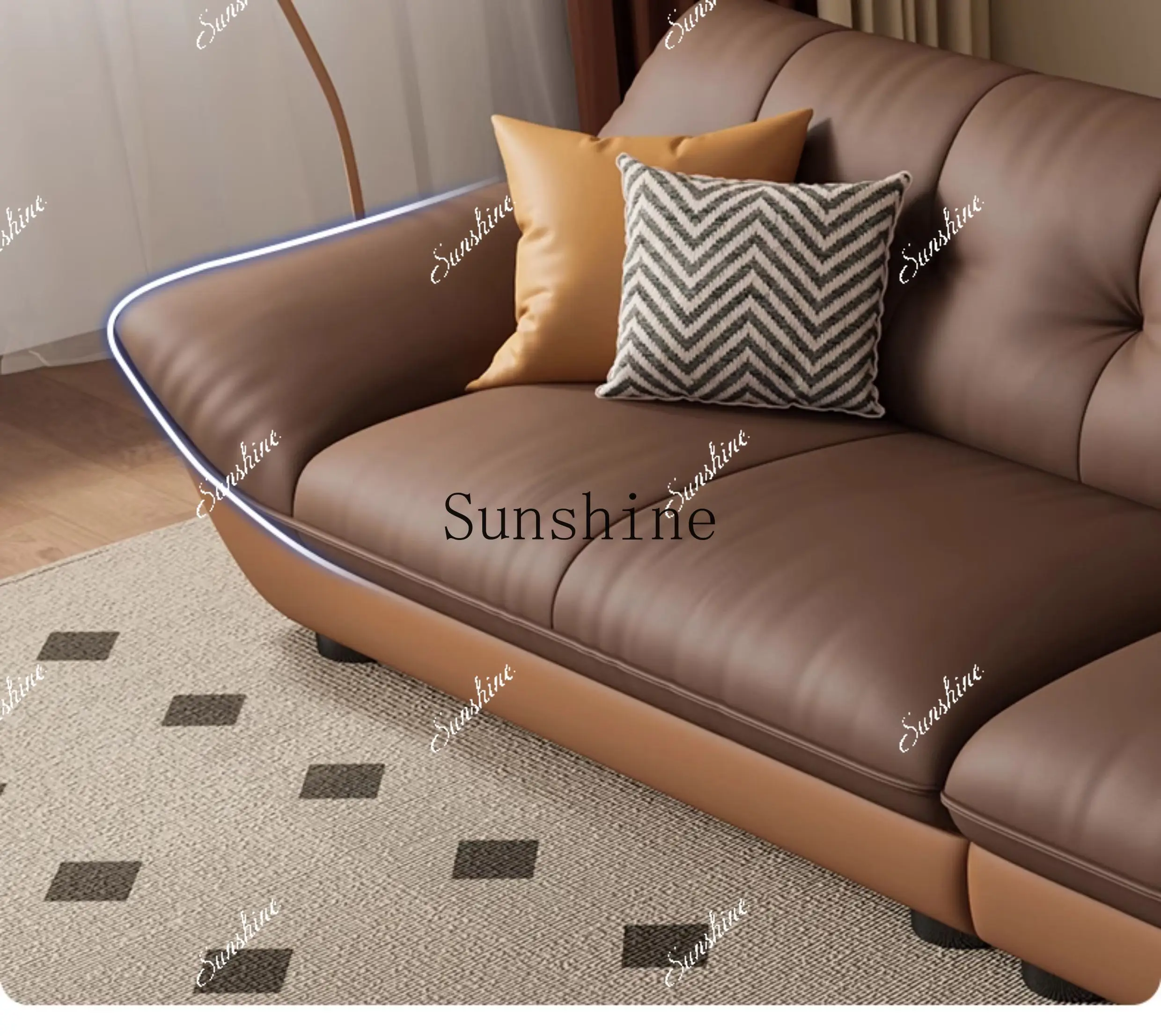 Italian leather sofa Living room simple modern small apartment inline splicing color cream styleP