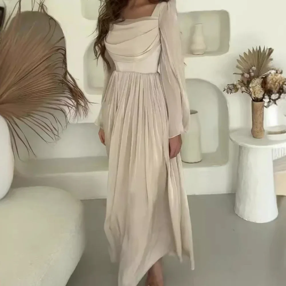 Party Dress Women Long Dresses Elegant Splice Square Collar Pleated Casual Slim Prom Pleated High Waist Full Sleeve Vestidos