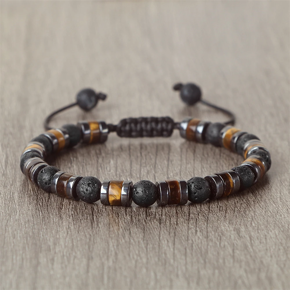 الرجال 6 مللي متر الحمم الحجر الأسود سوار الهيماتيت عين النمر فاصل معصمه قابل للتعديل حبل الإسورة للنساء الطاقة اليوغا مجوهرات هدايا #1