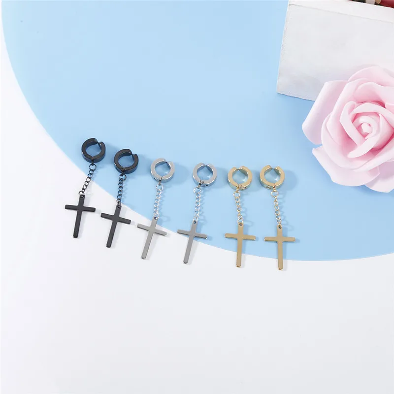 Fashion Punk Cross Tassel Pendant Earrings Stainless Steel Classic Geometric Charms Clip Ear Jewelry Party Gifts For Women Men