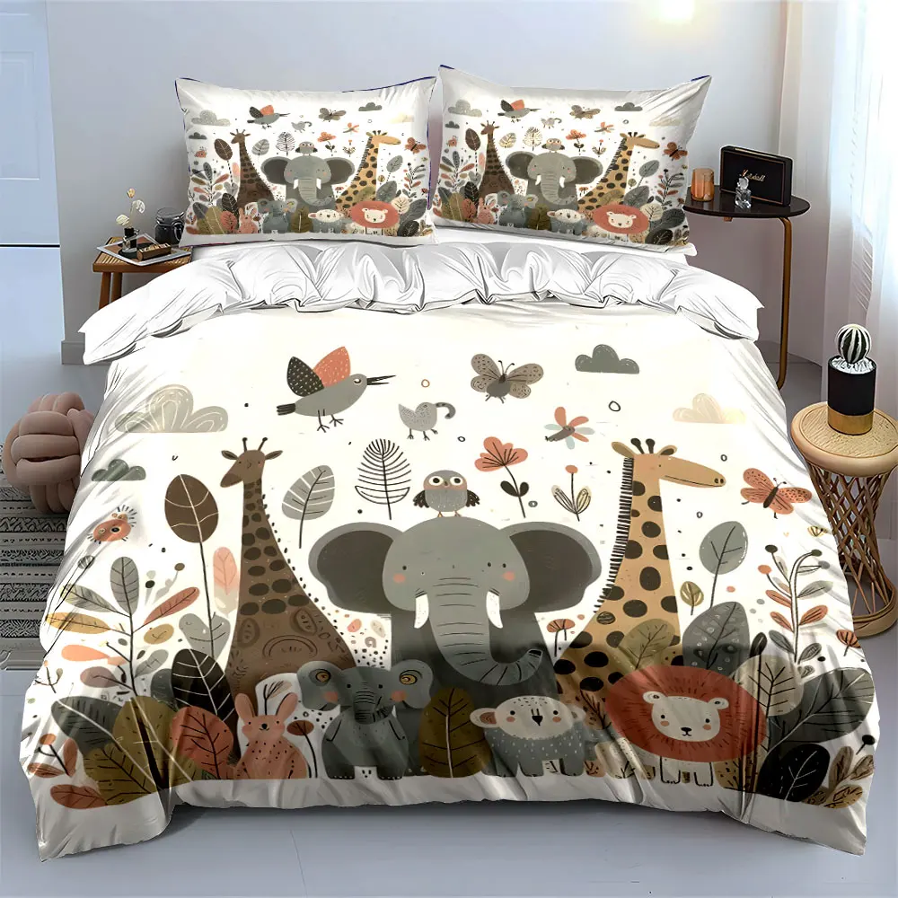 Cute animals with nature illustration Printed Duvet Cover Set 1 Duvet Cover+2 Pillowcase Multi Size Bedroom Bedding Decoration