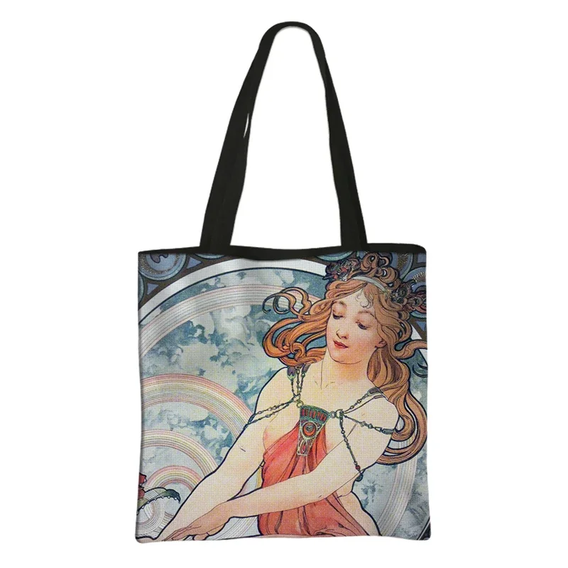 Alfons Maria Mucha Print Handbag Alphonse Beauty Woman Causal Totes Oil Painting Elegant Ladies Reusable Storage Shopping Bags