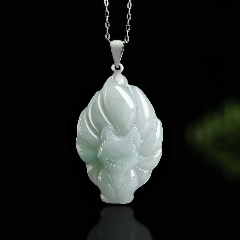 

Jia Le/ 925 Silver Inlaid Natural Jade Light Green Nine-tailed Fox Necklace Pendant Jewelry Accessories Fashion Men Women Gift