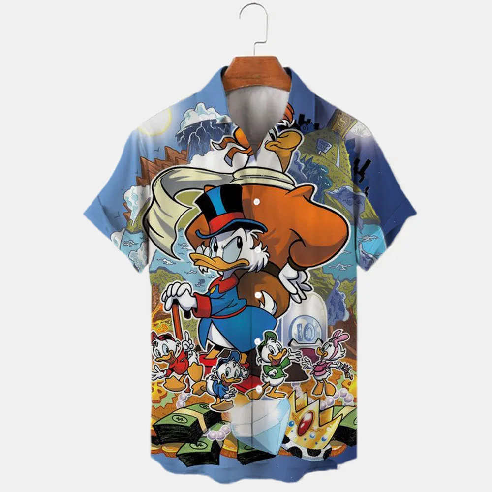 Camisa de lapela impressão 3D masculina pato mickey e Donald, tops casuais finos, manga curta, moda harajuku, verão, nova, 2024