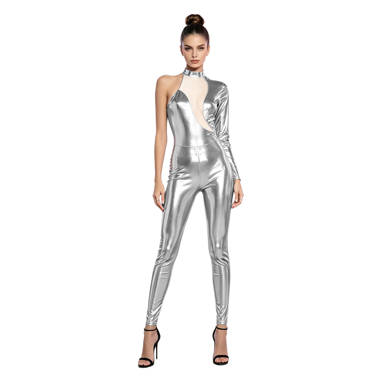 Womens Iridescent Shiny Metallic Unitard Jumpsuit Carnival Party Dance Costume Sheer Mesh Single Long Sleeve Catsuit Costume