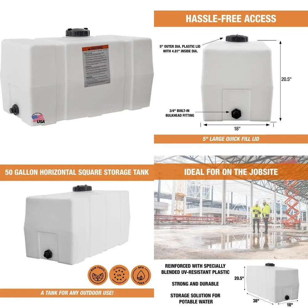 ถังเก็บน้ำทรงสี่เหลี่ยมขนาด 50 แกลลอน แนวนอน ผลิตในสหรัฐอเมริกา ถังเก็บน้ำโพลีเอทิลีนสำหรับของเหลวที่ไม่ติดไฟ