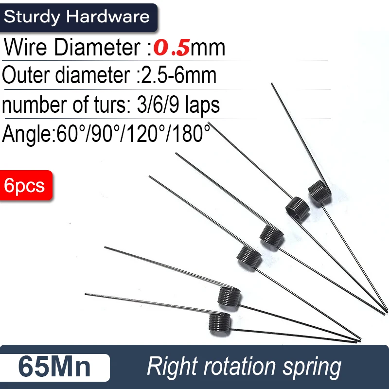 65Mn steel V-shaped torsion spring 8pcs: 0.5mm wire, 2.5-6mm OD, angle optional 60 °/90 °/120 °/180 °
