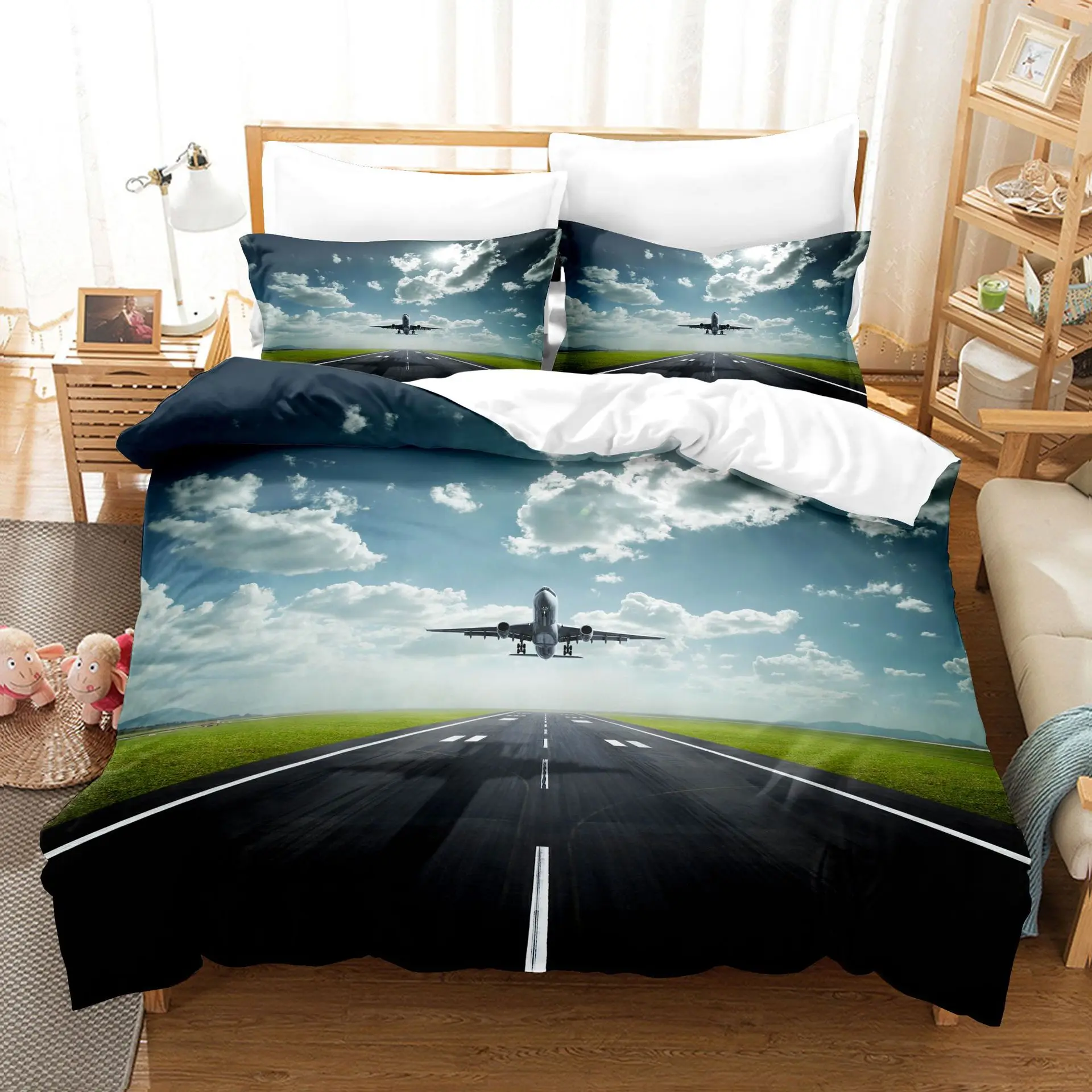 

Airplane Duvet Cover King/Queen Size,Blue Sky Modern Aviation Aircraft Runway Soft Bedding Set for Kids Teens Boys,2 Pillowcases