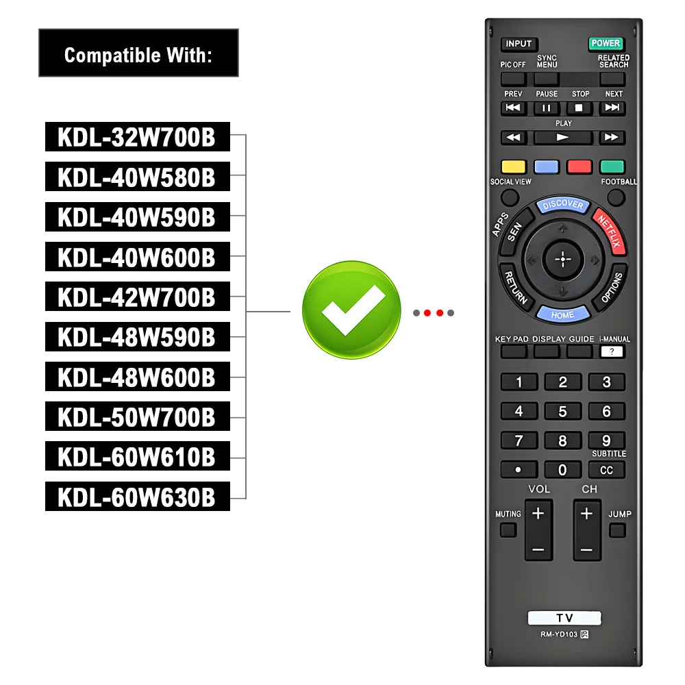 Replacement RM-YD103 Remote Control Compatible with SONY Bravia TV RM-ED047 RM-ED050 RM-ED052