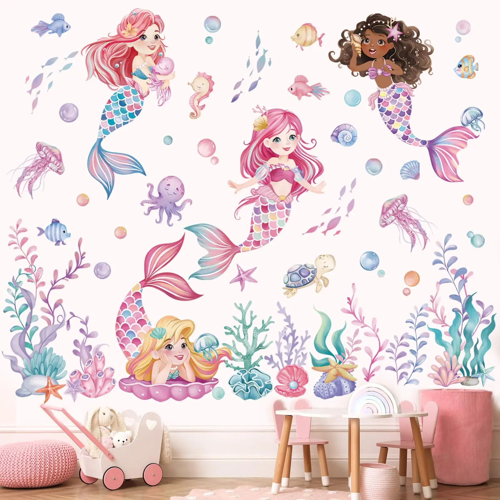 Under The Sea Mermaid Wall Stickers Ocean Themed Seaweed Coral Wall Decals for Bedroom Living Room Home Wall Decor