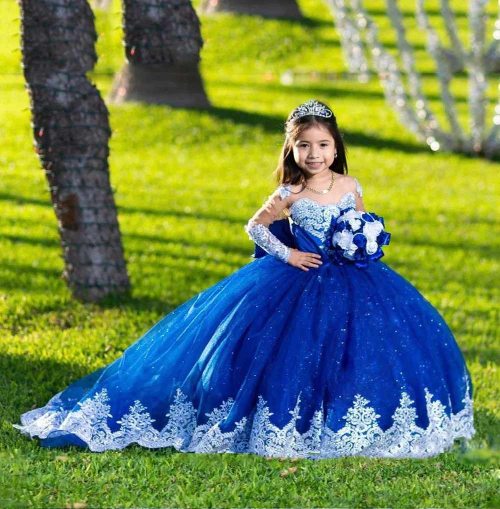 Vestidos de tule de renda para meninas, mangas compridas, vestido princesa concurso com trem, laço, vestidos de festa comunhão, casamentos