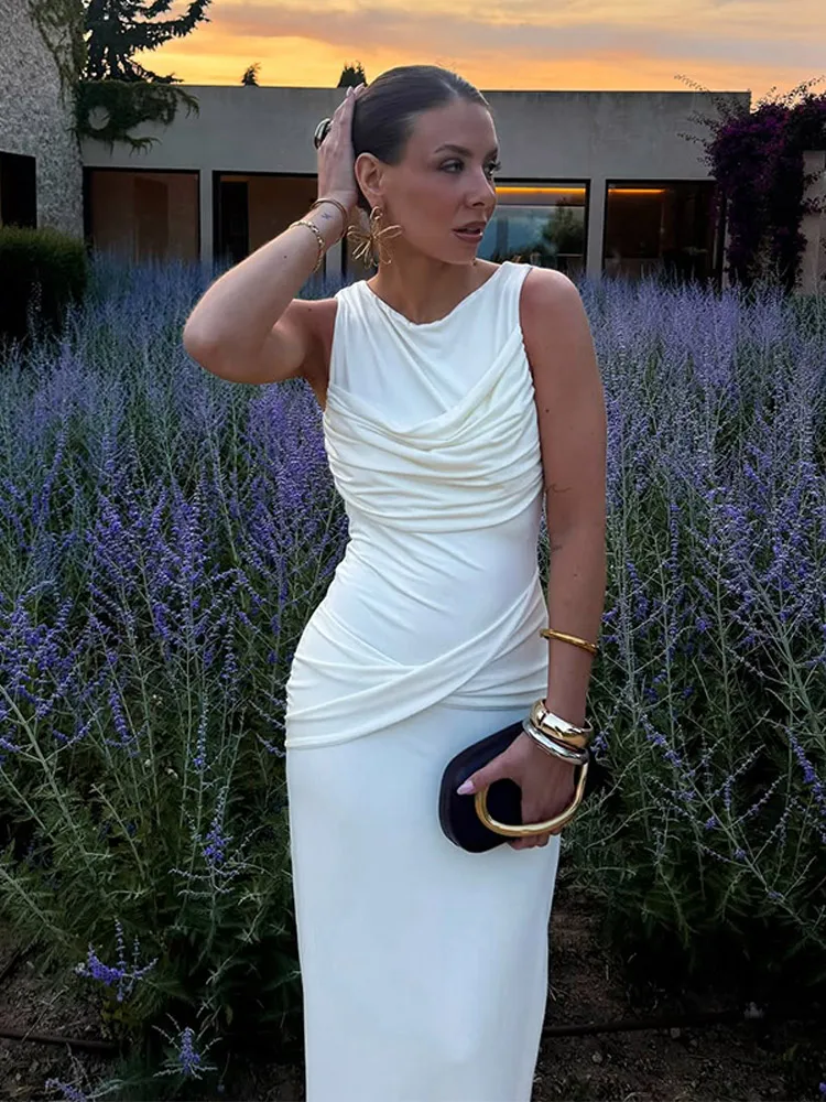 Elegante Solide Plissee Slim Fit Lange Vestido Frauen Ärmellose Rundhals Off Schulter Hohe Taille Kleider Weibliche Party Abendessen Tragen