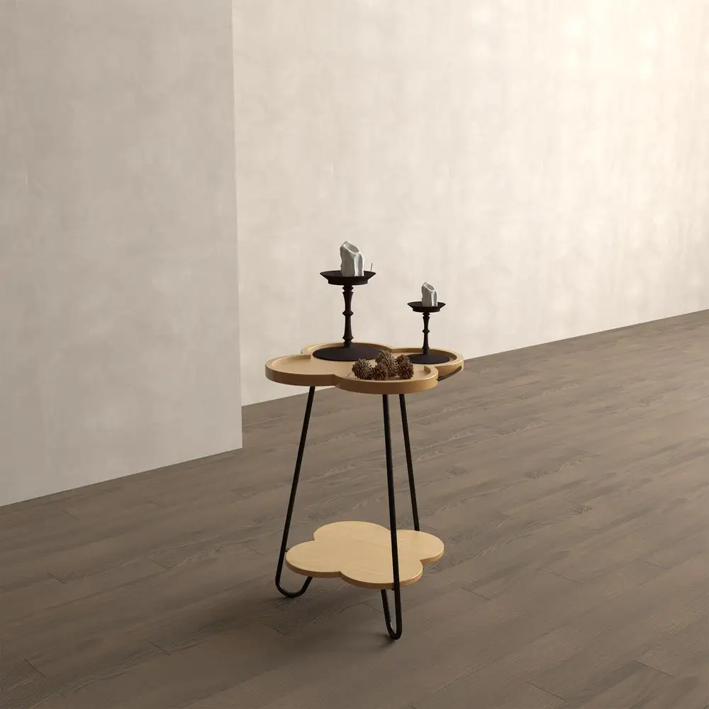 Meja Samping Bentuk Kelopak dengan Permukaan Kayu Bulat, Rangka Logam, Meja Aksen Modern dengan Rak Penyimpanan Dua Lapis