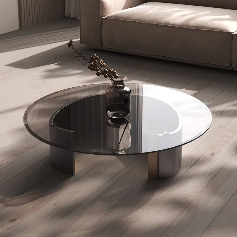 Glass round coffee table stainless steel bracelet household living room small apartment