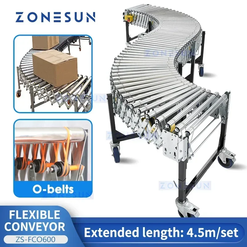 

ZONESUN ZS-FCO600 Расширяемый роликовый конвейер с O-ленточным приводом для транспортировки упаковки и автоматической производственной линии