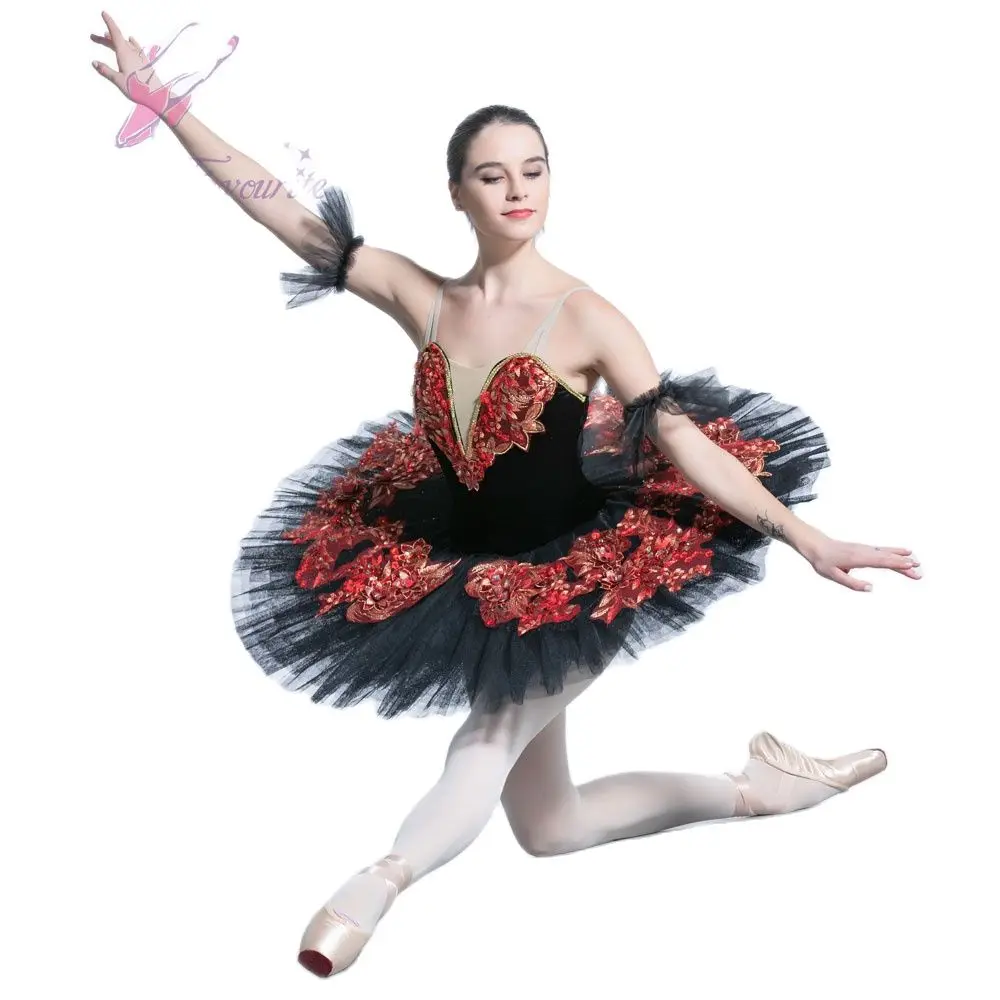 Dance Favourite Ballet Tutus BLL086 Stunning Pre-professional Tutus Black Velvet Bodice with Red Applique Trim Tutu