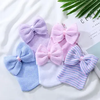 Baumwolle gestrickt Neugeborenen Krankenhaus Hut Baby Kinderzimmer Mütze Mütze mit Bogen niedlichen Streifen Säuglings hut weiche Turban Hüte für Babys
