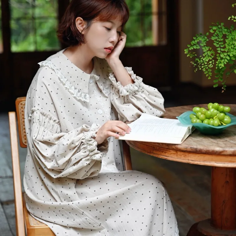 Women's Cotton-Linen Blend Nightgown. Vintage Peter Pan Collar Sleep Dress with Lace Trim. Long Sleeve House Dress for Lounging