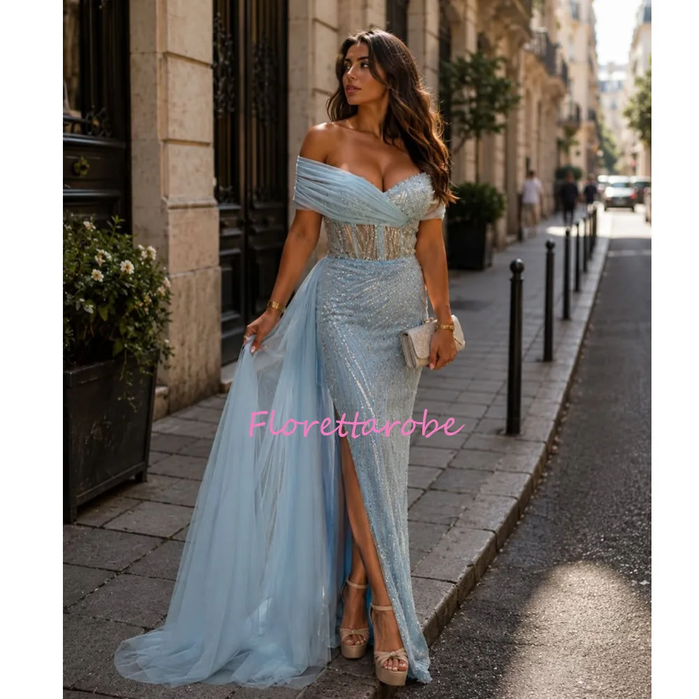

Trendy Blue Evening Dresses for Women Off the Shoulder PromGown Luxury Beads Sequins Sexy Side Slit Party Dress Robes De Soiree