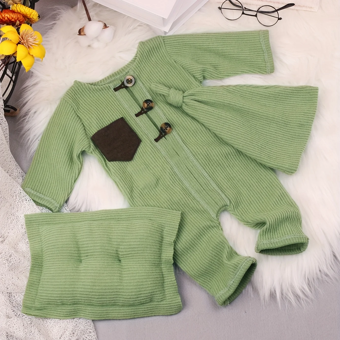 3 Pieces Set Newborn Boy  Photo Shooting Outfits Patch Pocket Jumpsuit Tail Hat Set with Pillow Baby Photography Clothes