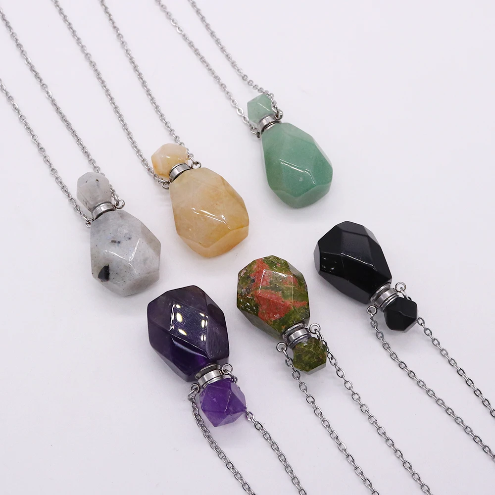Natural Stone Crystal Perfume Bottle Necklace Rose Quartz Essential Oil Diffuser Pendant Necklace Amethyst Fashion Jewelry Gift