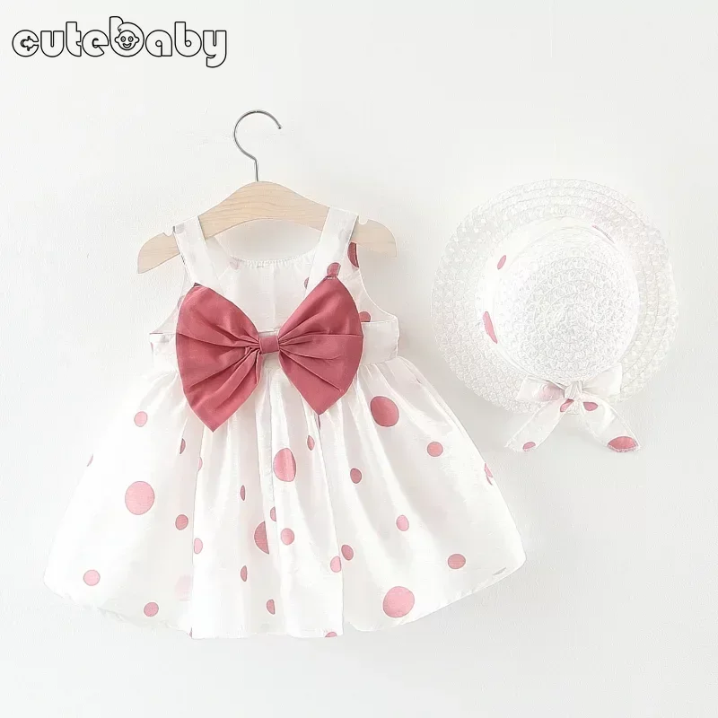 Big Bow Baby Dress Lovely Summer Infant Baby Girl Clothes Cute Dot Sleeveless Cotton Toddler Dresses+Sunhat Newborn Clothing Set