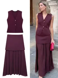 Woman 2 Piece Set Knitted Solid V-Neck Single Breasted Vest Top + Splicing High Waist Zipper Commute Women's Long Skirt