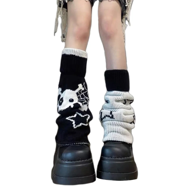 Winter Autumn Knit Leg Warmer Gothic Punk Reversible Star Skeleton Jacquard Foot Covers Flared Knee High Socks for Women