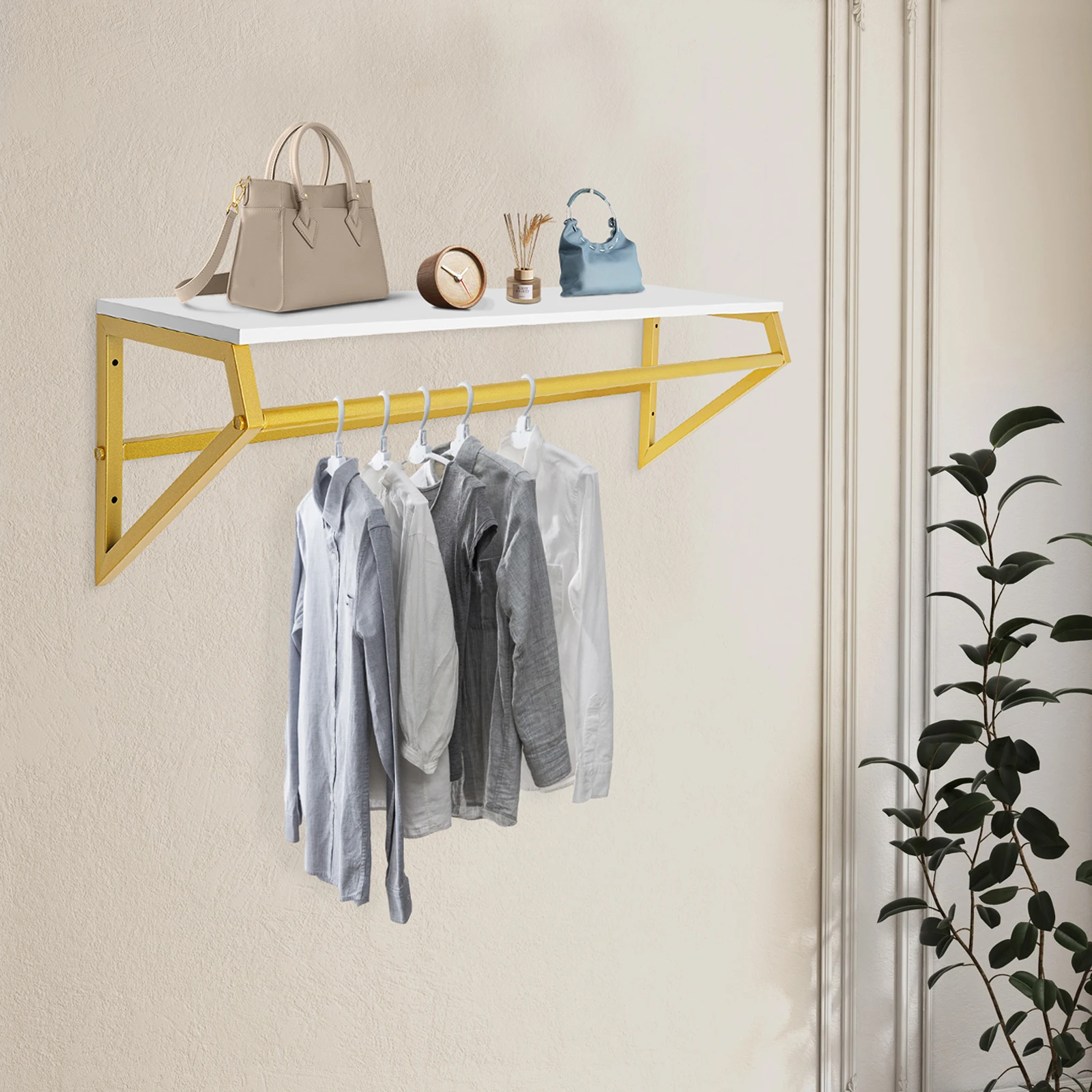 

White Gold Iron Wall Mounted Garment Rack Wall Storage Rack 105*25*30cm With Top Shelf To Organize And Display Clothes Books