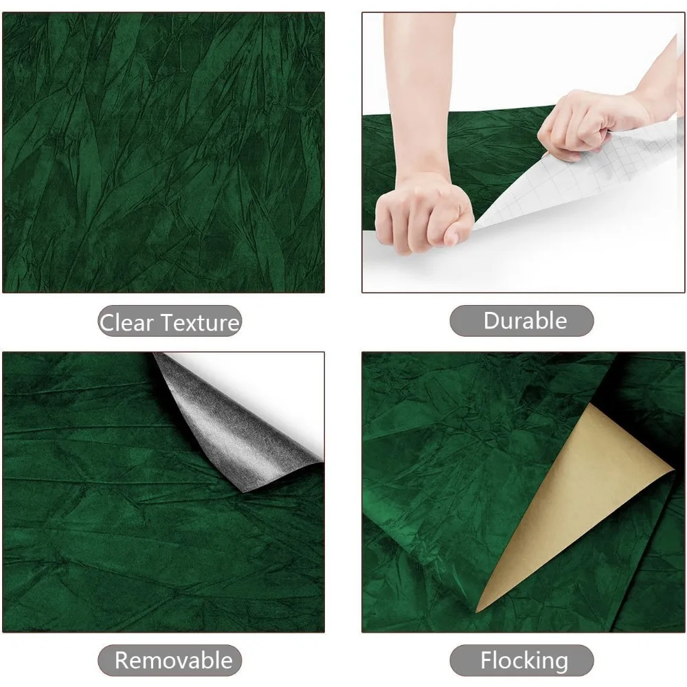 ورق جدران مخملي عتيق باللون الأخضر الداكن قابل للتقشير واللصق لغرفة النوم - طراز 30X393، غطاء حائط أخضر أنيق