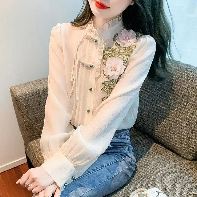 Beautiful Ruffles Stand Collar Chiffon Shirt for Women Spring 2024 New High-Grade Exquisite Embroidered Flowers Blouses Chic Top