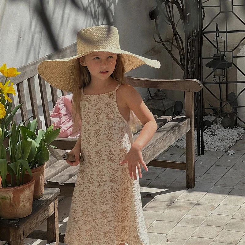 2025 Summer Girls Floral Gauze Slip Dress Lace Casual Simple New Fashionable Floral Casual Sweet Kids Dresses for Girls