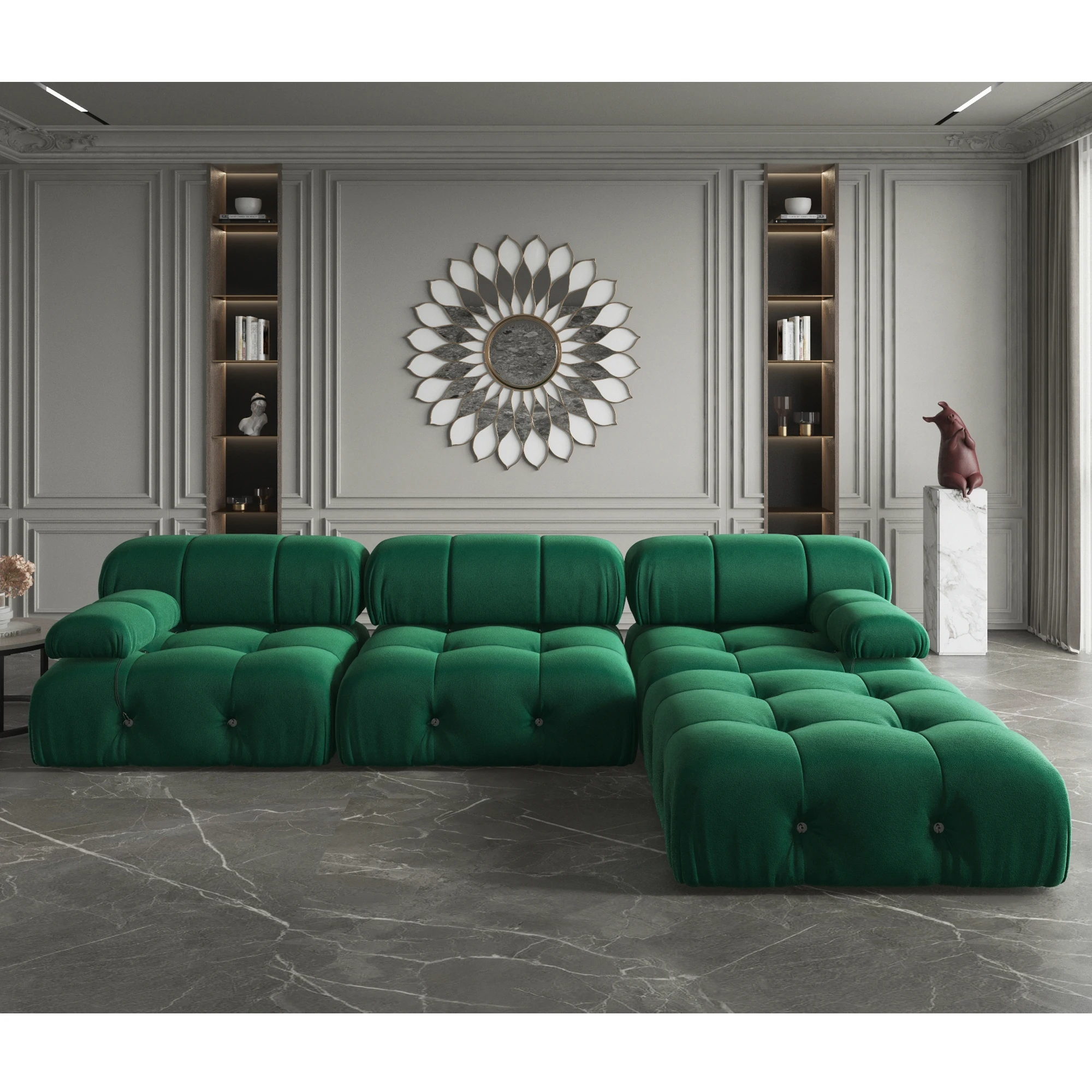 

ATUNUS USA in Stock Drop Shipping Mario Bellini Designer Nordic L Shape Sectional Combination Green Velvet Modular Sofa Couch