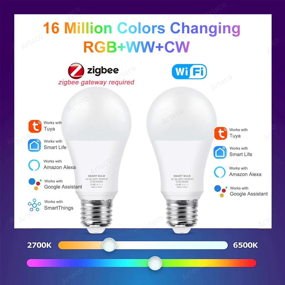 Tuya Wifi Lampadina Intelligente Alexa Lampada 15W 18W Zigbee E27 RGB WW CW Smart Led Lampadine Per Google Assistant Vita Intelligente App Home Deco