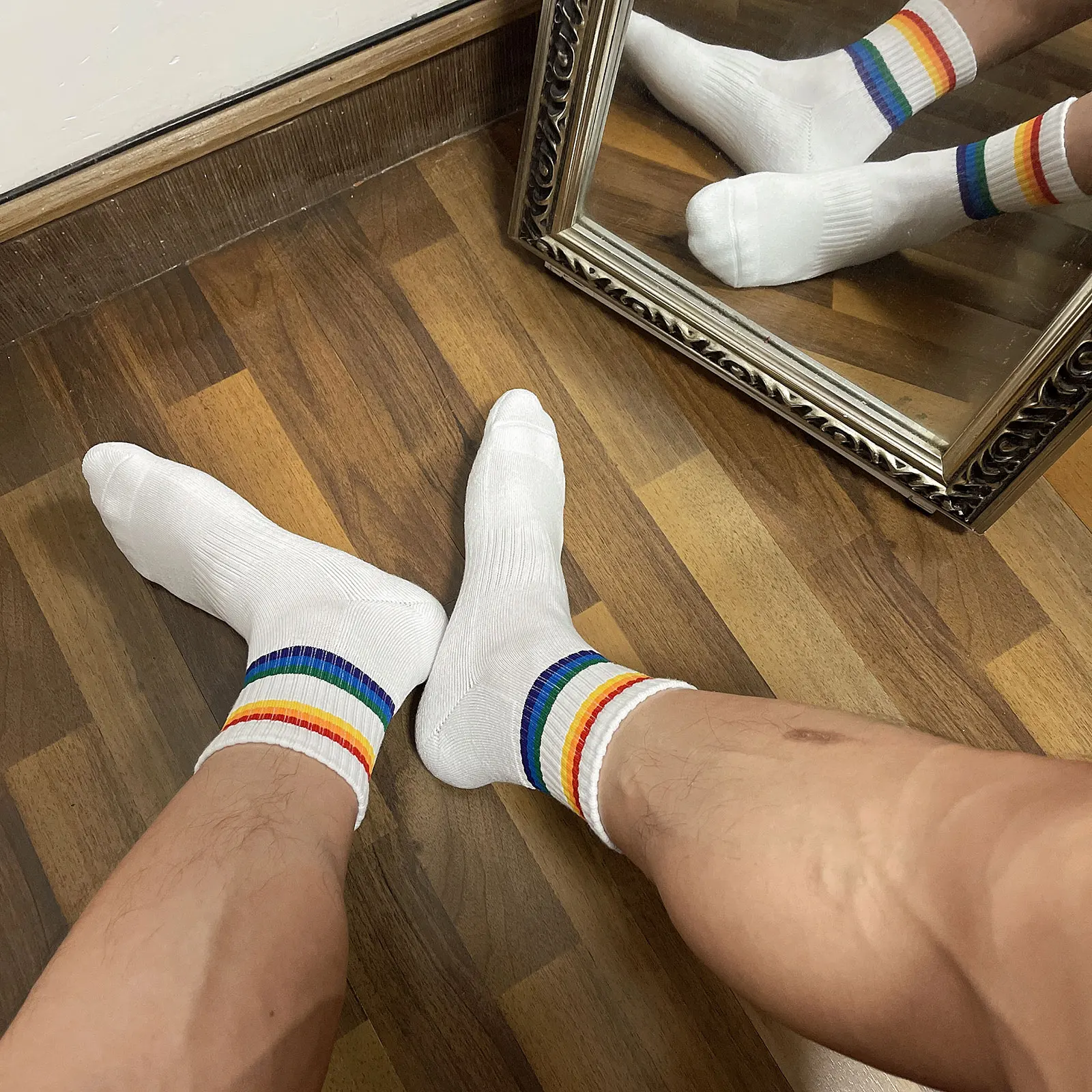 CLEVER-MENMODE Mens Tube Socks Cotton Thicken Rainbow Stripes Sexy Warm Soft Casual hombre Business Towel Bottom Socks