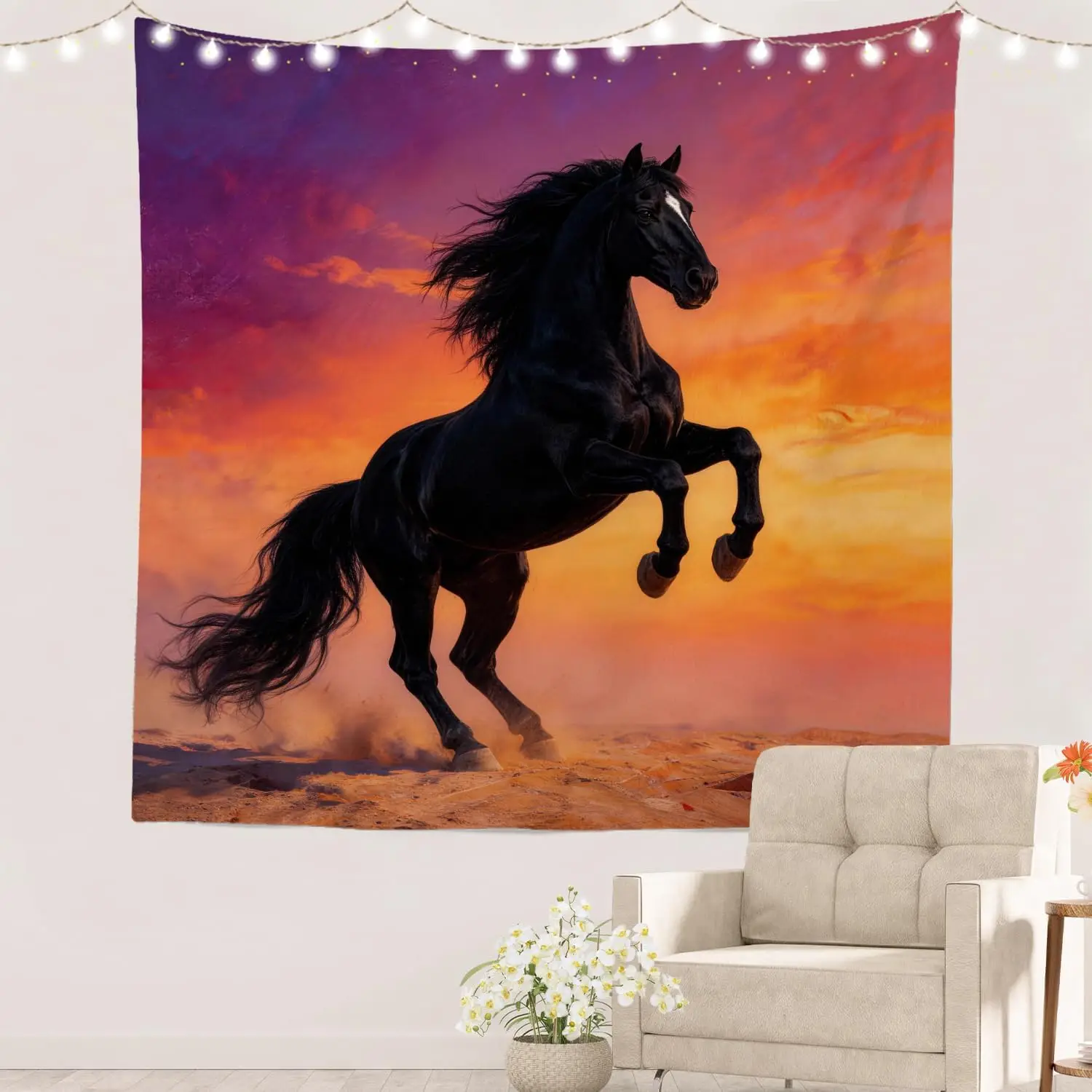Epic Black Horse Sunset Tapestry Wall Hanging Art Decor for Living Room Bedroom Stallion Equine Wall Mural Print Decoration