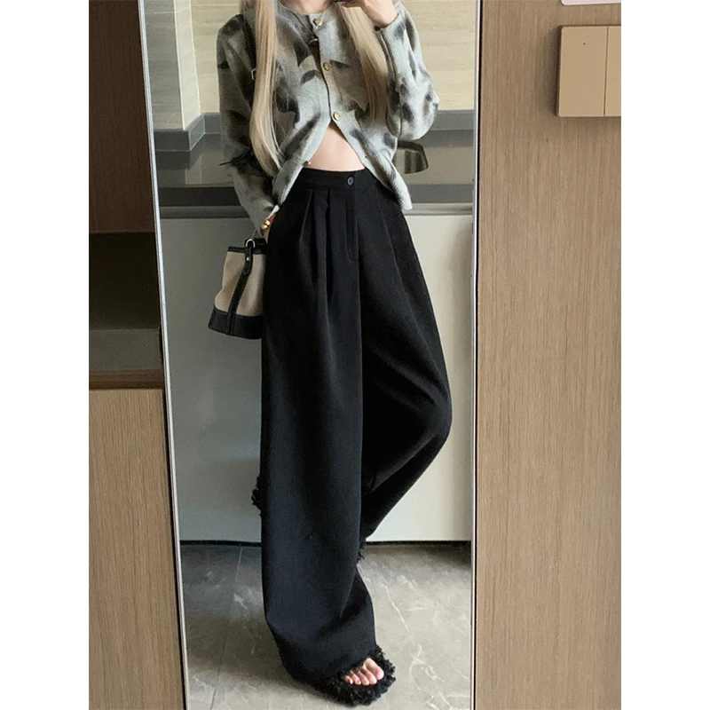 سروال قصير من الصوف بنطال ذو قصة أرجل واسعة للنساء Harajuku ملابس الشارع الشهير سروال فضفاض أسود شتوي عتيق كوري سميك غير رسمي مستقيم