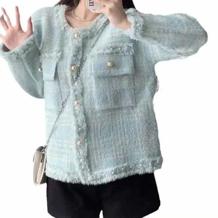 2023 New Fashion Korean Chic Vintage Tweed Woolen Jacket Coat Women Autumn Single Breasted Plaid Tassel Office Lady Outwear