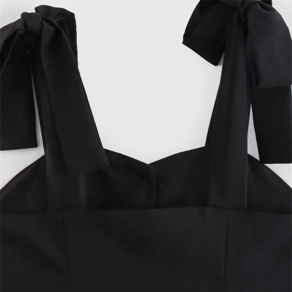 여름 신상품 여성 빈티지 보타이 슬림핏 솔리드 컬러 스퀘어넥 슬리브리스 탑