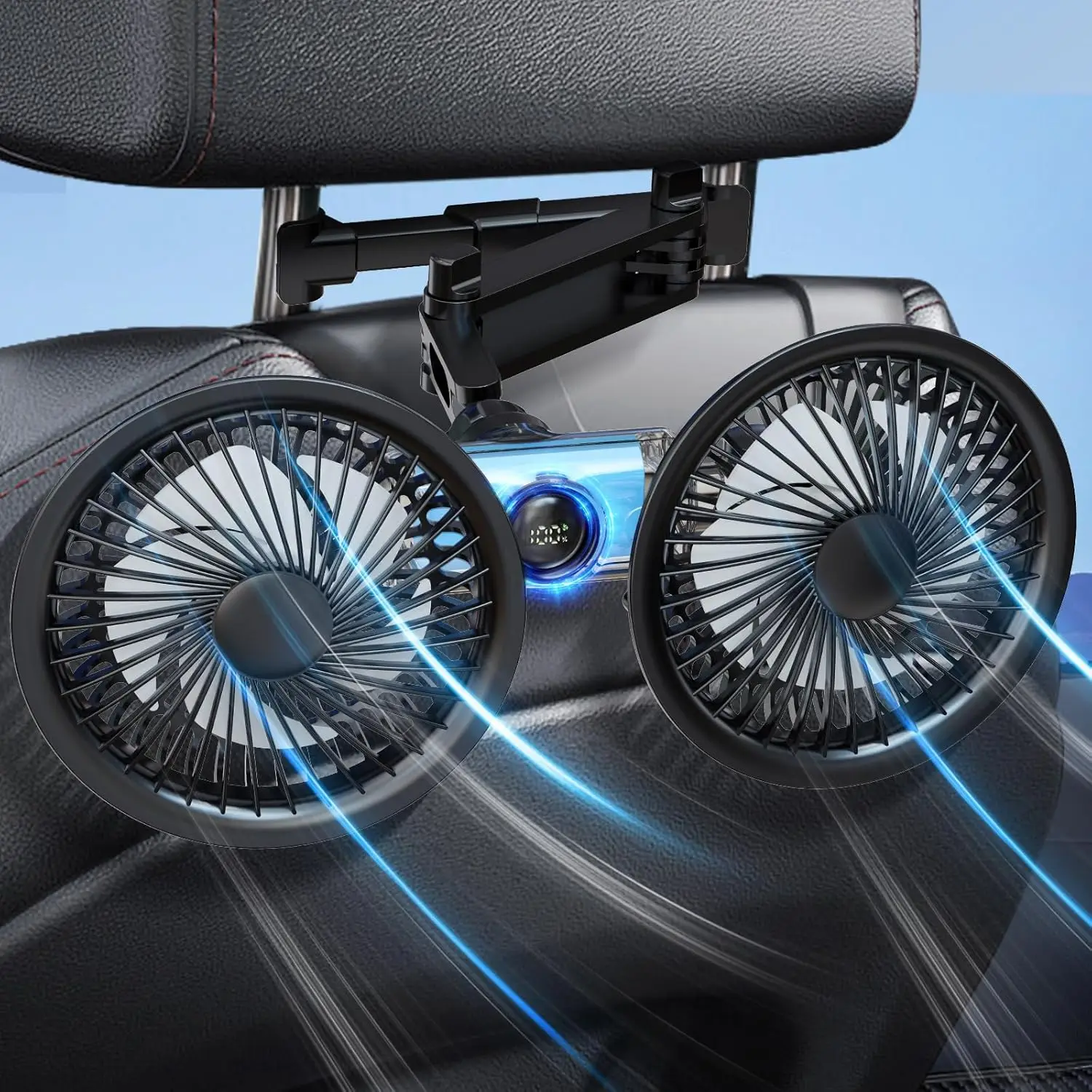 Rechargeable Car Fan For Backseat Kids Baby, Battery Powered USB Car Seat Fans With W/LED Display, Powerful 3 Speeds 360° Rotati