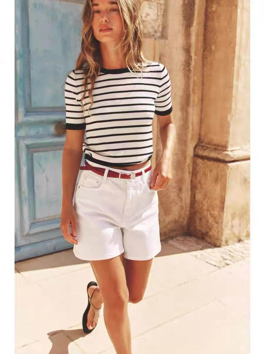

YY66671 ZA25 Summer New Women's Wear Daily Versatile Ribbed Edge Round Neck Short Sleeve Knitted Top 885100