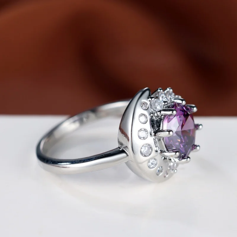 2026 New Luxury Star Moon Purple Zircon Ring with Crescent Set Zircon Design for Women's Confession Gifts and Accessories
