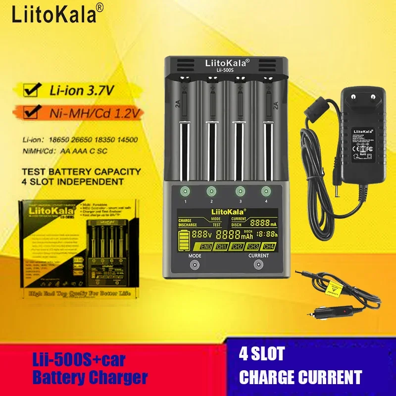 

LiitoKala Lii-500S LCD Battery Portable Charger for 18650 26650 16340 18350 3.7V 1.2V Ni-MH Ni-Cd Li-ion Test Capacity +car