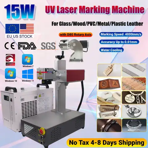 15W UV Laser Marking Engraving Machine CRS 355nm Laser Engraver Water Cooling for Glass/Wood/PVC/Metal/Plastic Leather