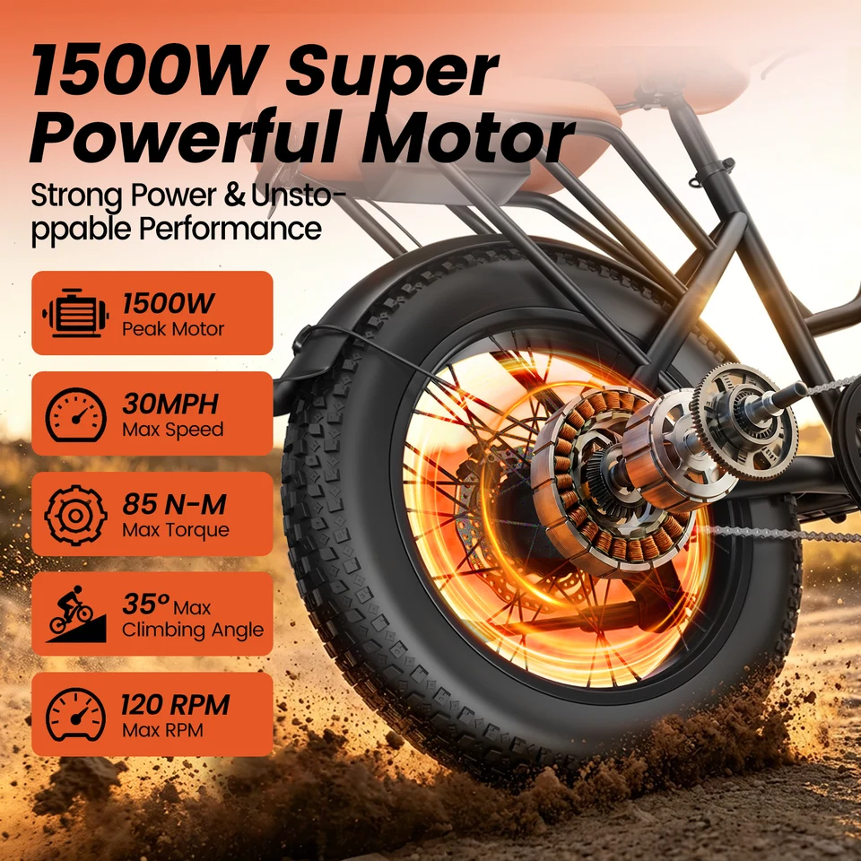 KICKWEY LD20 48V 20AH Fat Tire E-Bike | 1500W Peak Motor & 20x3.0" All-Terrain Tires | Double Seat Electric Bicycle for Adults, Women & Kids | Snow & Road Commuter Bike image 8