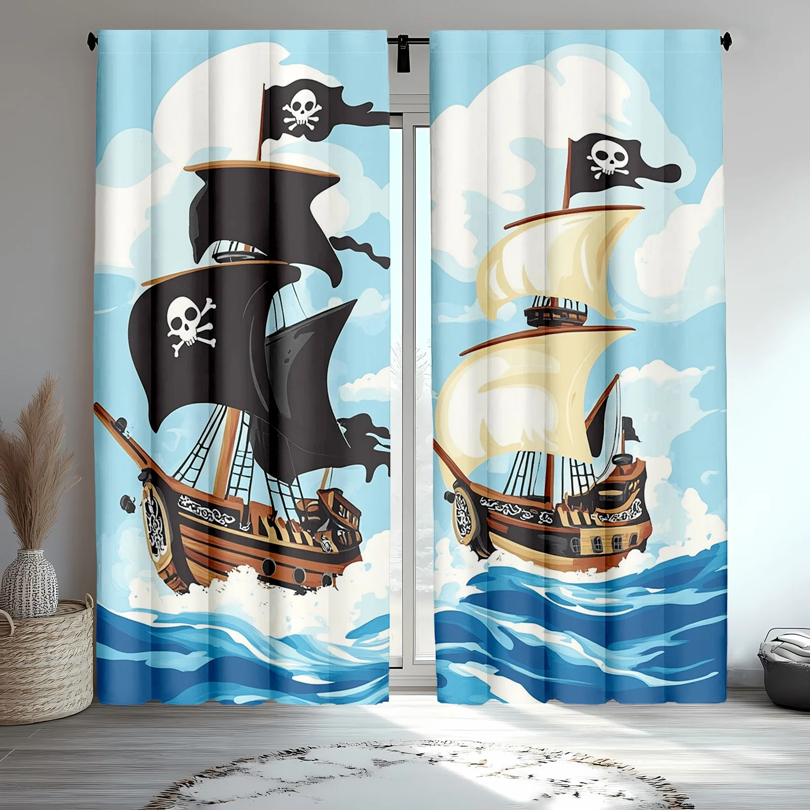 Cartoon Pirate Ship Blackout Curtains for Kids Room - Adventure Sea Boat Print Window Drapes for Boys Nursery Decor