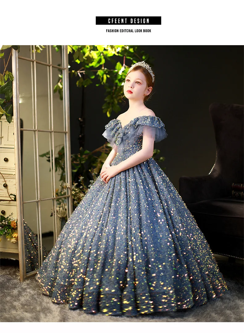 Elegant Flower Girl Dress For Wedding Puffy Shiny Sequin Sleeveless Kids Ball Gowns Birthday Party Beauty Pageant Dress