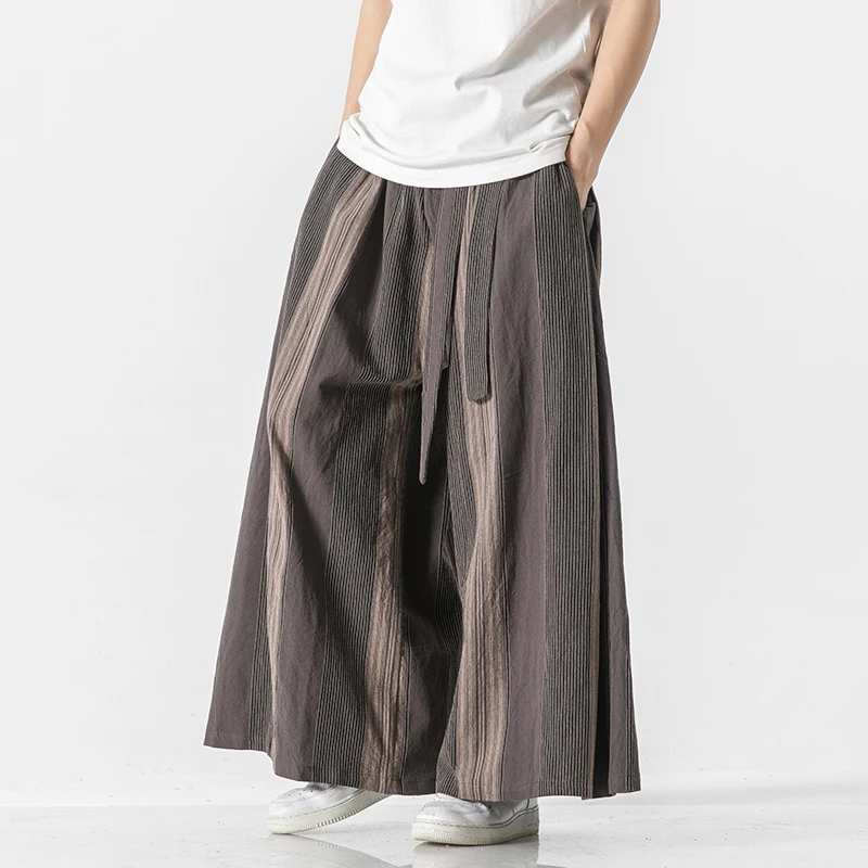 Men Striped Linen Wide Leg Pants Men Cotton Joggers Retro Trousers Chinese Style Skirt Pants Male Crotch Nepal Robe Pants