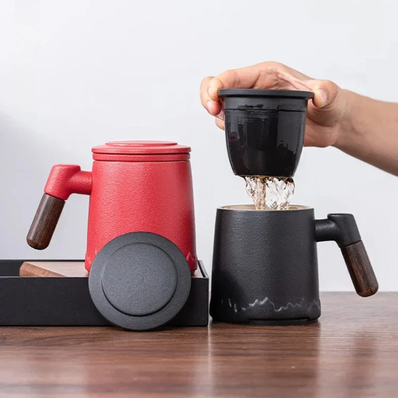 Tea and Water Separation Tea Cup, Ceramic Cups, Good-looking Office Mug with Lid, Band Lid, Portable Handle, Business Gift Box