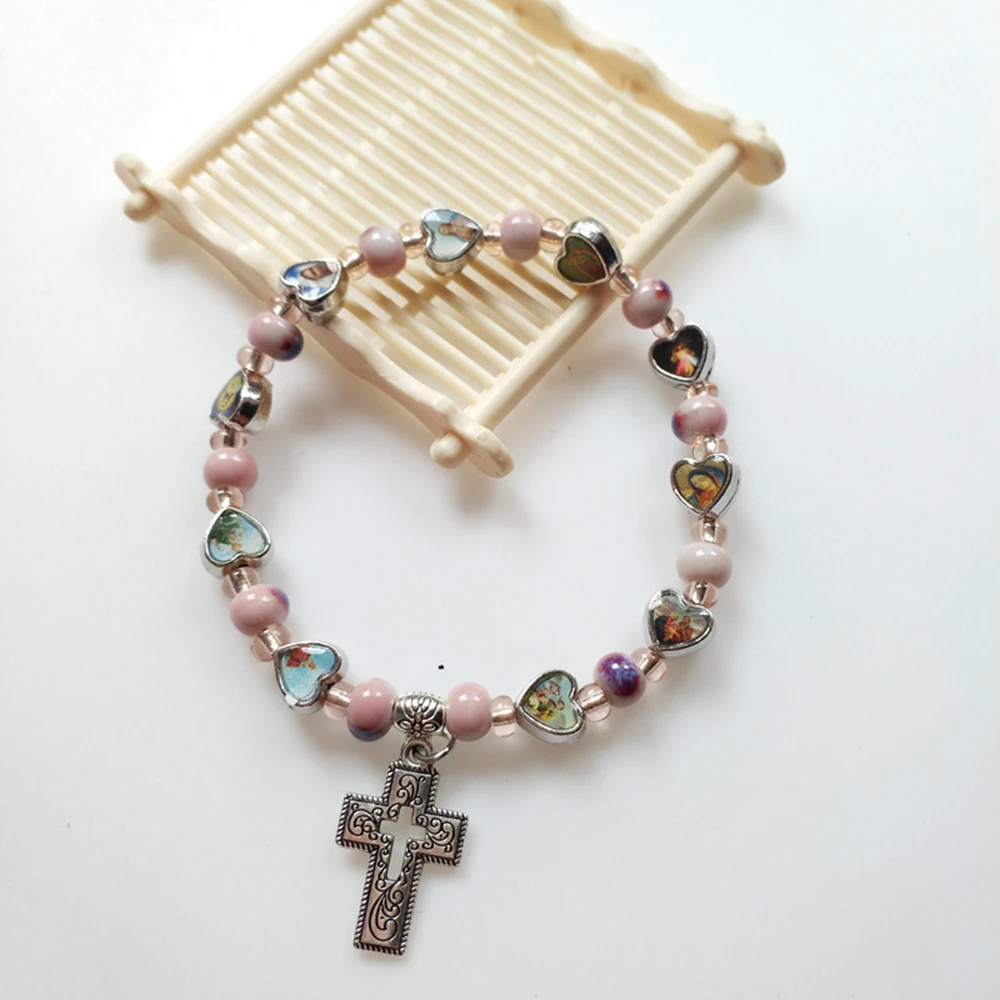 Diyalo Rosa Keramik Herz Heilige Ikone Christus Jesus Jungfrau Maria Perlenkette Hohlkreuz Stretch Armbänder für Frauen Mädchen Schmuck – Detail 1